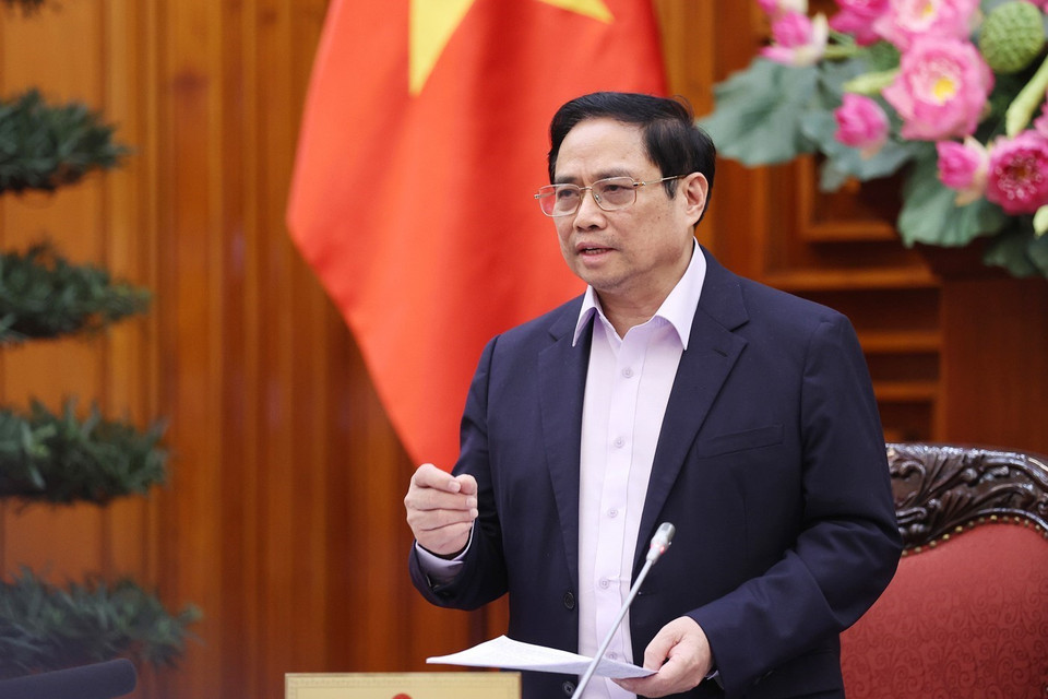 Thủ tướng Phạm Minh Chính phát biểu cuộc họp về công tác phòng, chống tham nhũng trong khối Chính phủ. (Ảnh: Dương Giang/TTXVN)