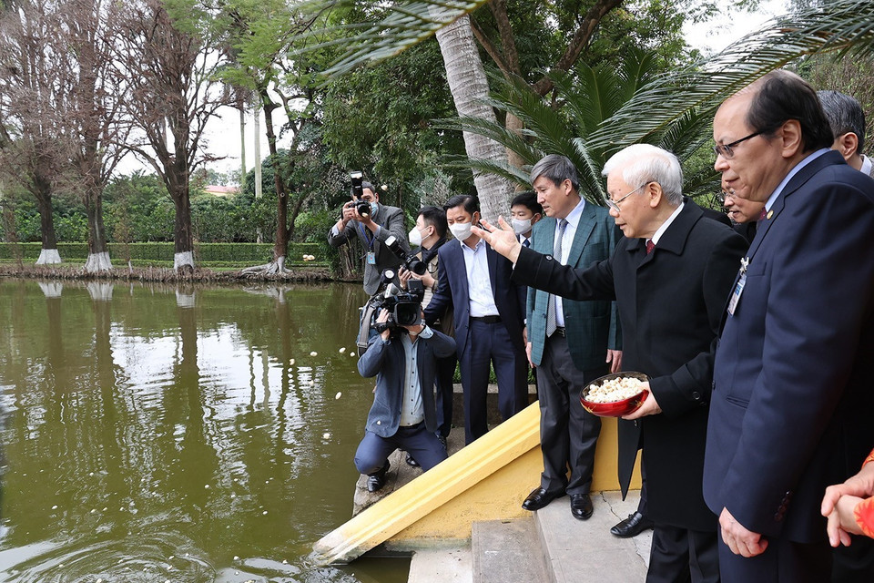 Tổng Bí thư Nguyễn Phú Trọng thăm ao cá Bác Hồ. (Ảnh: Trí Dũng/TTXVN)