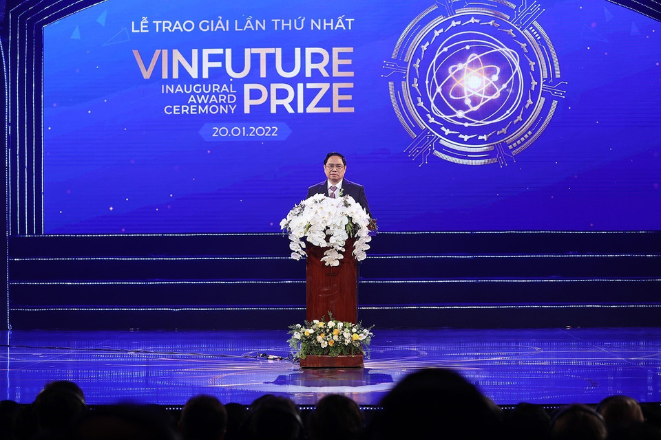 Thủ tướng Phạm Minh Chính phát biểu tại Lễ trao giải thưởng VinFuture. (Ảnh: Dương Giang/TTXVN)