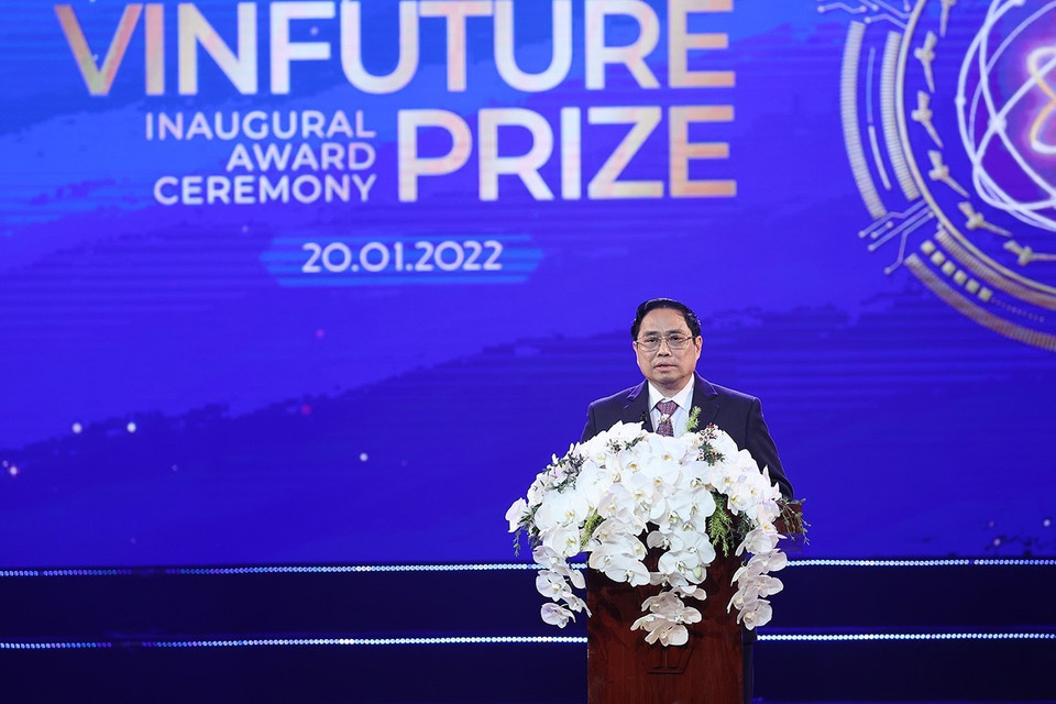 Thủ tướng Phạm Minh Chính phát biểu tại Lễ trao giải thưởng VinFuture. (Ảnh: Dương Giang/TTXVN)