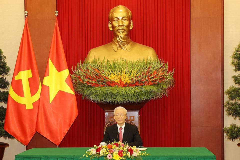 Sáng 24/9, tại Trụ sở Trung ương Đảng, Tổng Bí thư Nguyễn Phú Trọng điện đàm với Tổng Bí thư, Chủ tịch nước Trung Quốc Tập Cận Bình. (Ảnh: Trí Dũng/TTXVN)