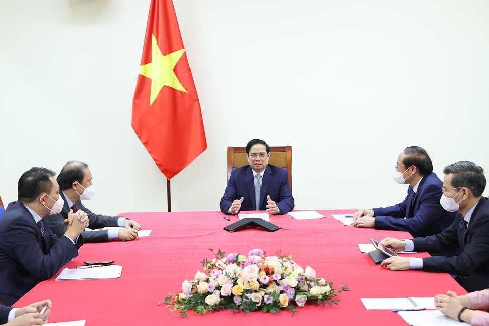 Quang cảnh buổi điện đàm. (Ảnh: Dương Giang/TTXVN)