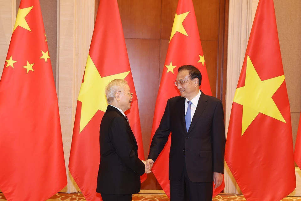 Tổng Bí thư Nguyễn Phú Trọng hội kiến Thủ tướng Trung Quốc Lý Khắc Cường. (Ảnh: Trí Dũng/TTXVN)