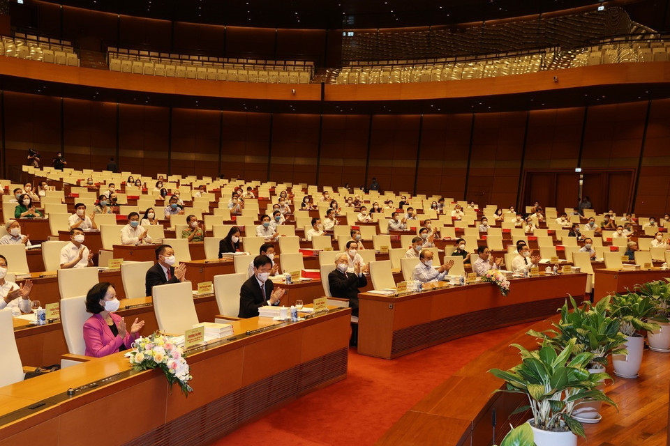 Tổng Bí thư Nguyễn Phú Trọng, Chủ tịch nước Nguyễn Xuân Phúc, Thủ tướng Chính phủ Phạm Minh Chính, Chủ tịch Quốc hội Vương Đình Huệ và các đại biểu dự khai mạc hội nghị. (Ảnh : Trí Dũng/TTXVN)