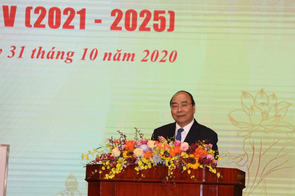 Thủ tướng Nguyễn Xuân Phúc phát biểu tại Đại hội. (Ảnh: Phạm Hậu/TTXVN)