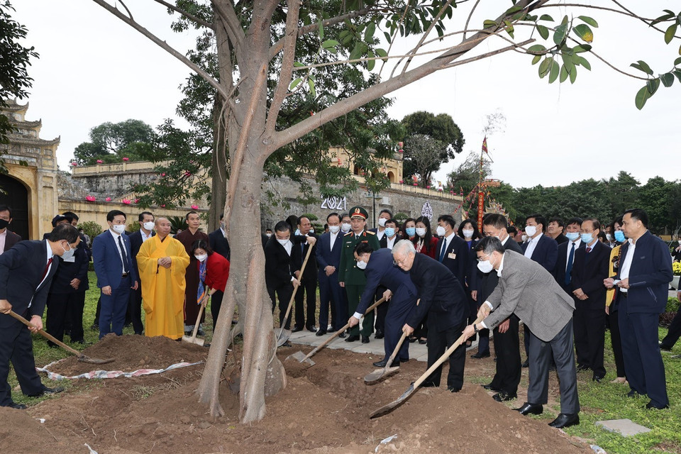 Tổng Bí thư, Chủ tịch nước Nguyễn Phú Trọng trồng cây lưu niệm tại Khu Di tích Hoàng thành Thăng Long. (Ảnh : Trí Dũng/TTXVN)