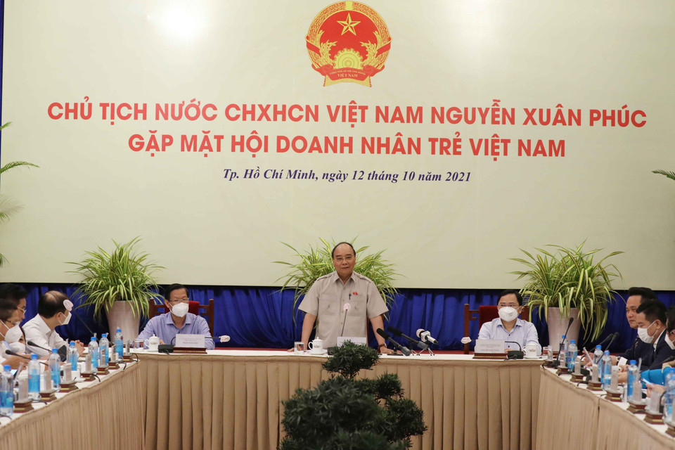 Chủ tịch nước Nguyễn Xuân Phúc phát biểu tại buổi gặp mặt. (Ảnh: Thống Nhất/TTXVN)