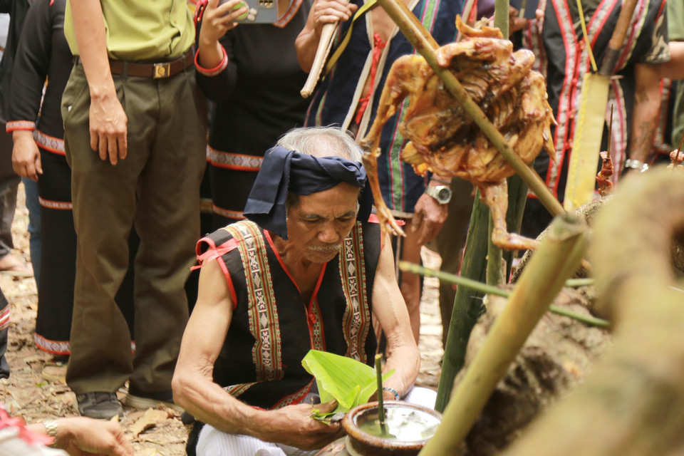 Già Siu Tới dâng lên một phần thức ăn ngon cúng Thần rừng cầu cho mưa thuận gió hòa, che chở, bảo vệ cho dân làng. (Ảnh: Quang Thái/TTXVN)