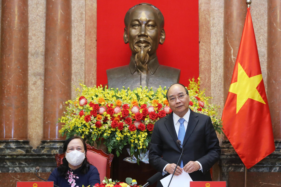 Chủ tịch nước Nguyễn Xuân Phúc phát biểu tại buổi gặp mặt Đoàn đại biểu Trung ương Hội Người cao tuổi Việt Nam. (Ảnh: Lâm Khánh/TTXVN)