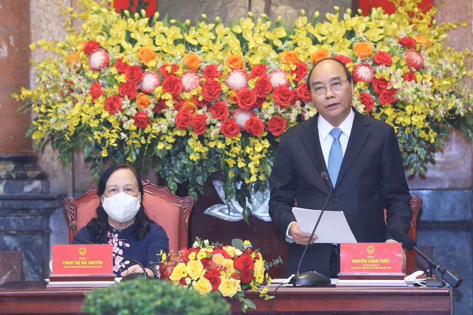 Chủ tịch nước Nguyễn Xuân Phúc phát biểu tại buổi gặp mặt Đoàn đại biểu Trung ương Hội Người cao tuổi Việt Nam. (Ảnh: Lâm Khánh/TTXVN)