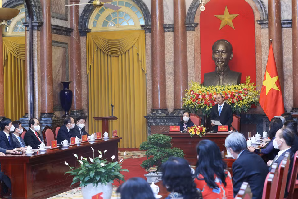 Hình ảnh Chủ tịch nước Nguyễn Xuân Phúc phát biểu tại buổi gặp mặt. (Ảnh: Lâm Khánh/TTXVN)