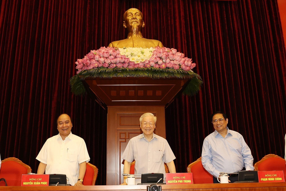 Tổng Bí thư Nguyễn Phú Trọng và các vị lãnh đạo Đảng, Nhà nước chủ trì hội nghị. (Ảnh : Trí Dũng/TTXVN)