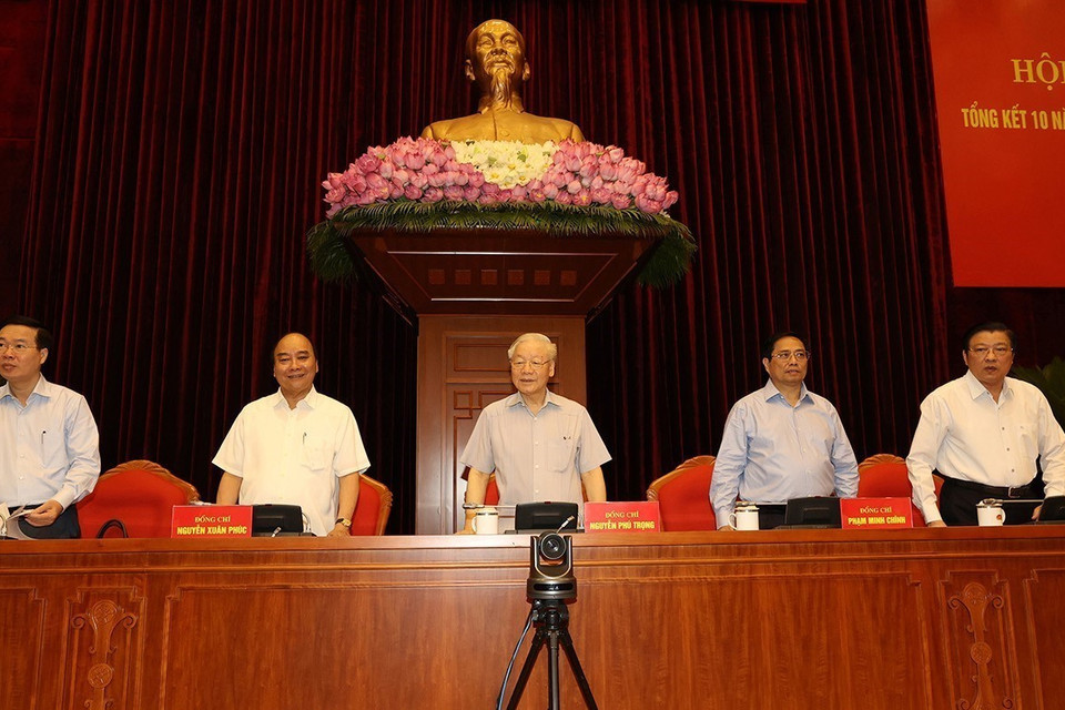 Tổng Bí thư Nguyễn Phú Trọng và các vị lãnh đạo Đảng, Nhà nước chủ trì hội nghị. (Ảnh : Trí Dũng/TTXVN)