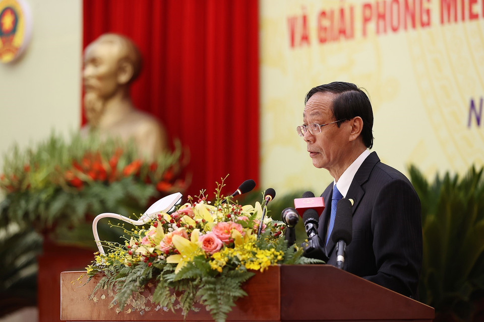 Ông Nguyễn Đức Thanh, Ủy viên Trung ương Đảng, Bí thư Tỉnh uỷ Ninh Thuận, đọc diễn văn tại lễ kỷ niệm. (Ảnh: Dương Giang/TTXVN)