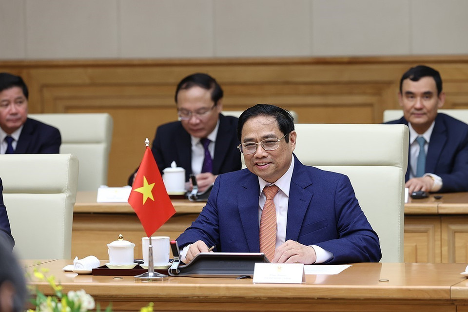 Thủ tướng Phạm Minh Chính phát biểu tại cuộc hội đàm. (Ảnh: Dương Giang/TTXVN)