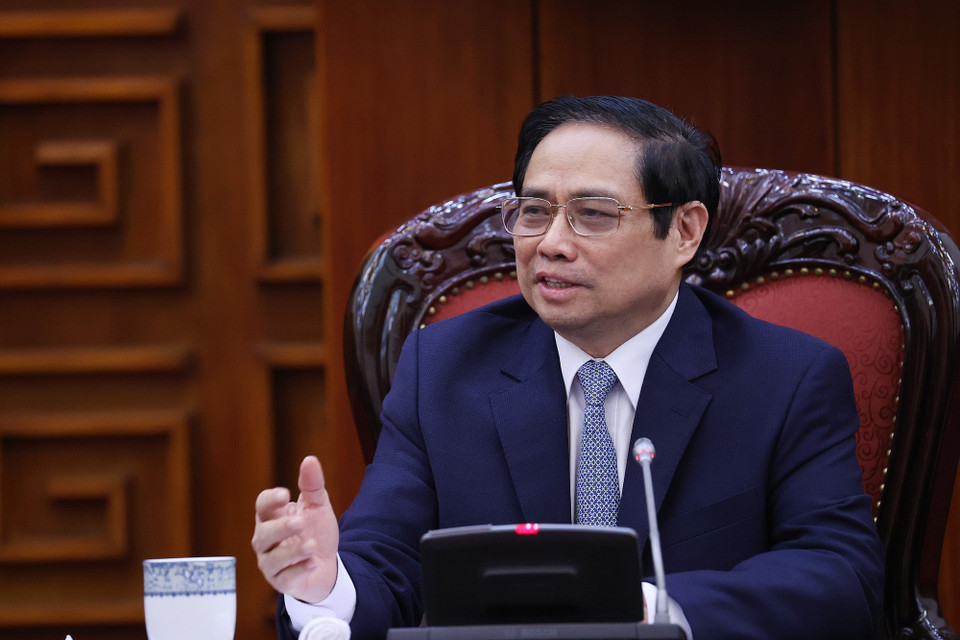 Thủ tướng Phạm Minh Chính phát biểu tại buổi tiếp. (Ảnh: Dương Giang/TTXVN)