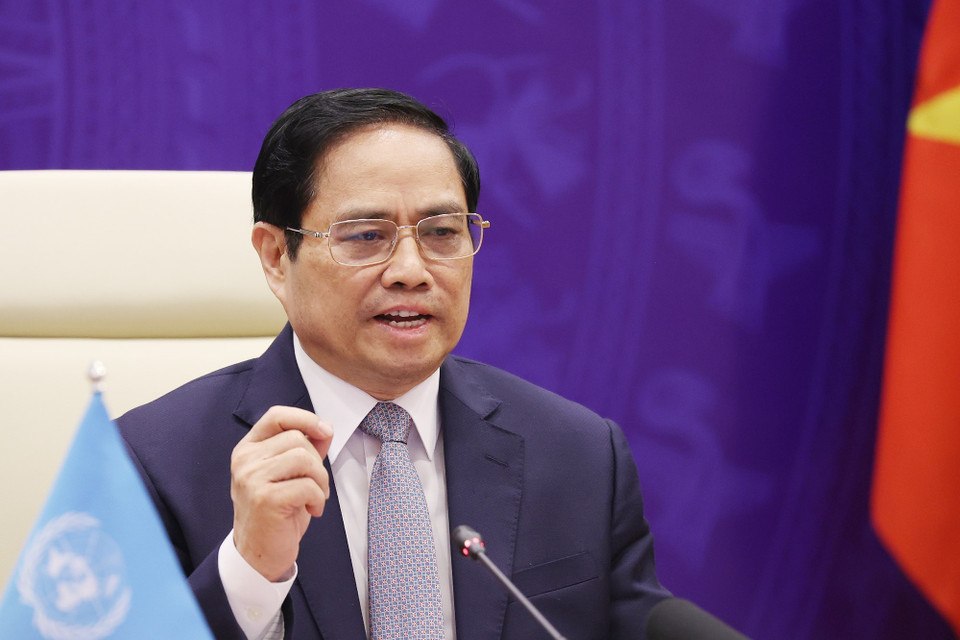 Thủ tướng Phạm Minh Chính phát biểu tại Phiên thảo luận mở Cấp cao của Hội đồng Bảo an Liên hợp quốc. (Ảnh: Dương Giang/TTXVN)