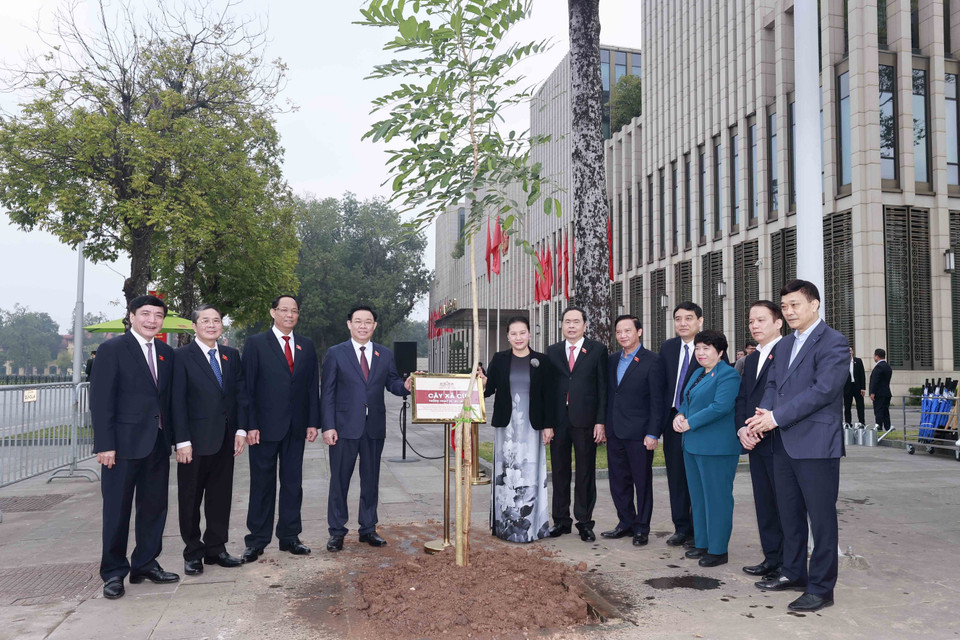 Chủ tịch Quốc hội Vương Đình Huệ, nguyên Chủ tịch Quốc hội Nguyễn Thị Kim Ngân và các vị lãnh đạo Quốc hội trồng cây xà cừ do Chủ tịch Quốc hội Thái Lan Chuan Leekpai tặng. (Ảnh: Doãn Tấn/TTXVN)