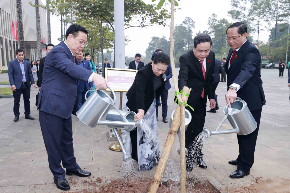 Chủ tịch Quốc hội Vương Đình Huệ, nguyên Chủ tịch Quốc hội Nguyễn Thị Kim Ngân và các vị lãnh đạo Quốc hội trồng cây xà cừ do Chủ tịch Quốc hội Thái Lan Chuan Leekpai tặng. (Ảnh: Doãn Tấn/TTXVN)