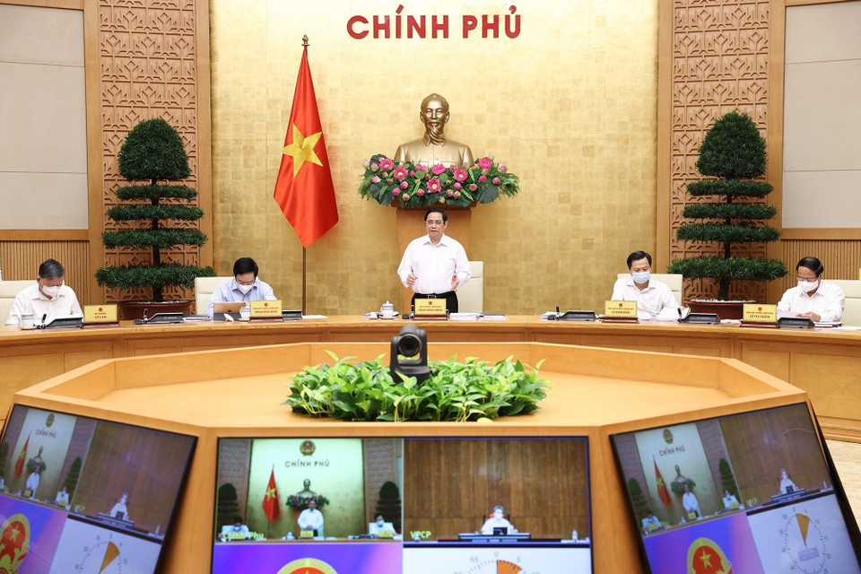 Sáng 6/9, tại Trụ sở Chính phủ, Thủ tướng Phạm Minh Chính chủ trì Phiên họp Chính phủ thường kỳ về tình hình phát triển kinh tế-xã hội tháng Tám và triển khai nhiệm vụ những tháng cuối năm 2021. (Ảnh: Dương Giang/TTXVN)