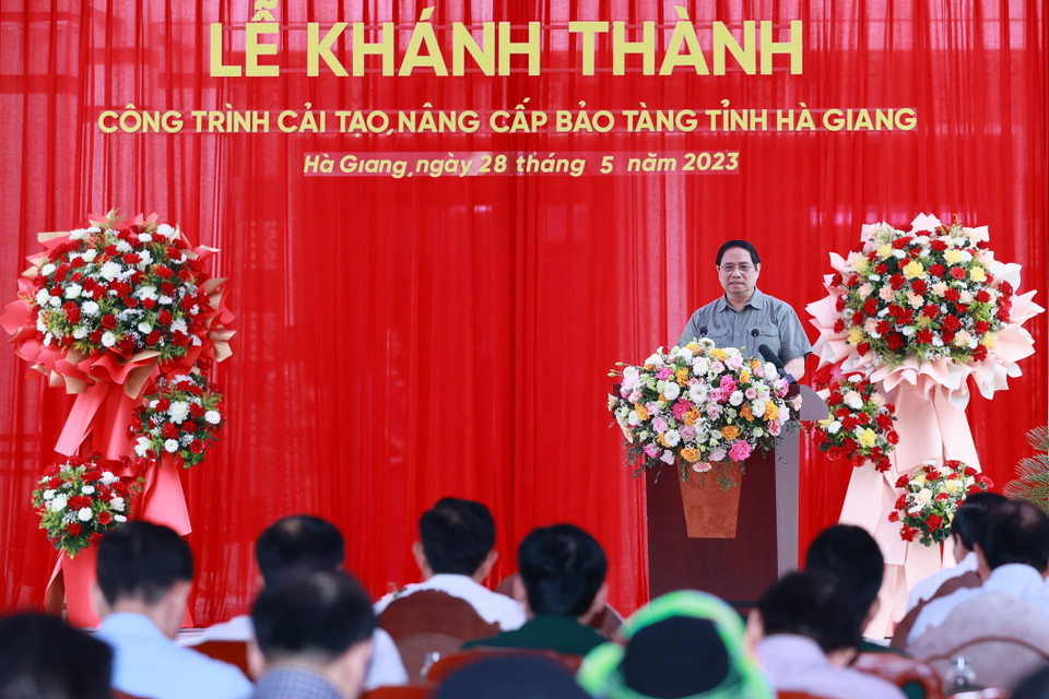 Thủ tướng Phạm Minh Chính phát biểu tại Lễ khánh thành công trình Bảo tàng tỉnh Hà Giang. (Ảnh: Dương Giang/TTXVN)