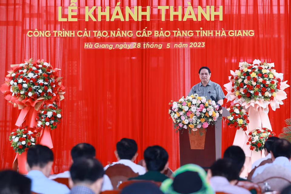 Thủ tướng Phạm Minh Chính phát biểu tại Lễ khánh thành công trình Bảo tàng tỉnh Hà Giang. (Ảnh: Dương Giang/TTXVN)
