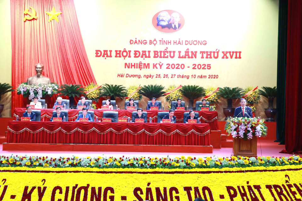 Ông Nguyễn Mạnh Hiển, Ủy viên Trung ương Đảng, Bí thư Tỉnh ủy Hải Dương phát biểu khai mạc Đại hội. (Ảnh: Phương Hoa/TTXVN)