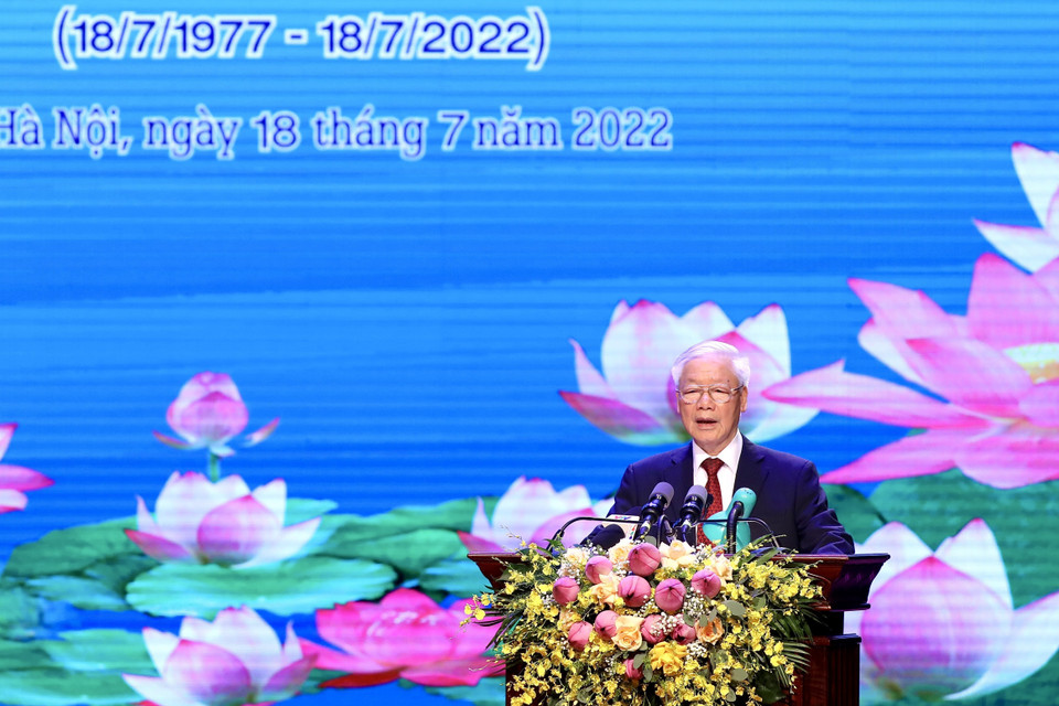 Tổng Bí thư Nguyễn Phú Trọng đọc diễn văn tại Lễ kỷ niệm. (Ảnh: Lâm Khánh/TTXVN)