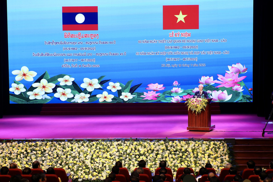 Tổng Bí thư Nguyễn Phú Trọng đọc diễn văn tại lễ kỷ niệm. (Ảnh: Lâm Khánh/TTXVN)