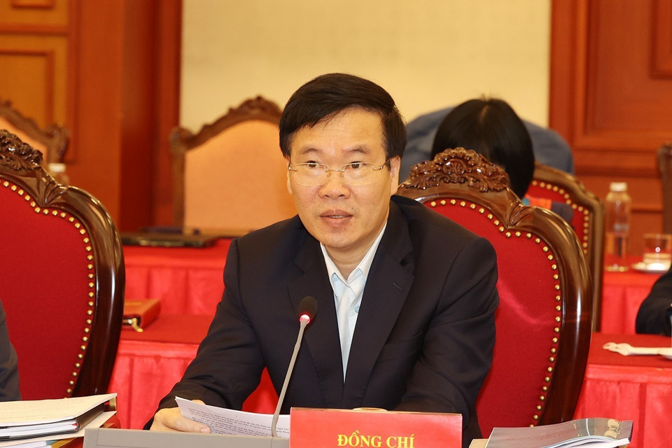 Ông Võ Văn Thưởng, Ủy viên Bộ Chính trị, Thường trực Ban Bí thư, phát biểu tại buổi họp. (Ảnh: Trí Dũng/TTXVN)