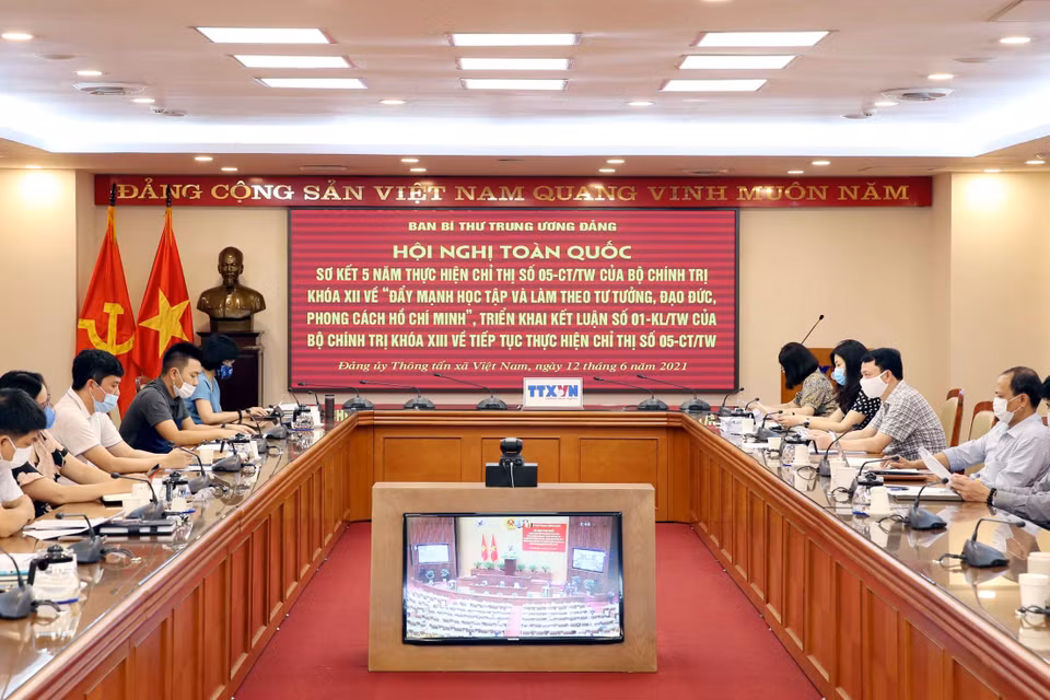 Quang cảnh hội nghị tại điểm cầu Thông tấn xã Việt Nam, số 5 Lý Thường Kiệt, Hà Nội. (Ảnh: Phạm Kiên/TTXVN)