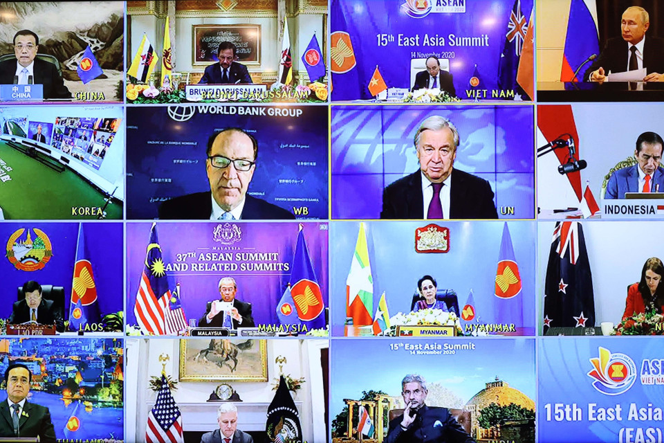 Hội nghị Cấp cao Đông Á lần thứ 15 theo hình thức trực tuyến. (Ảnh: Thống Nhất/TTXVN)