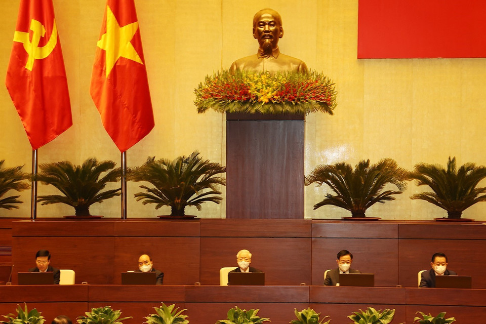 Tổng Bí thư Nguyễn Phú Trọng cùng các đồng chí lãnh đạo Đảng, Nhà nước chủ trì hội nghị. (Ảnh: Trí Dũng/TTXVN)