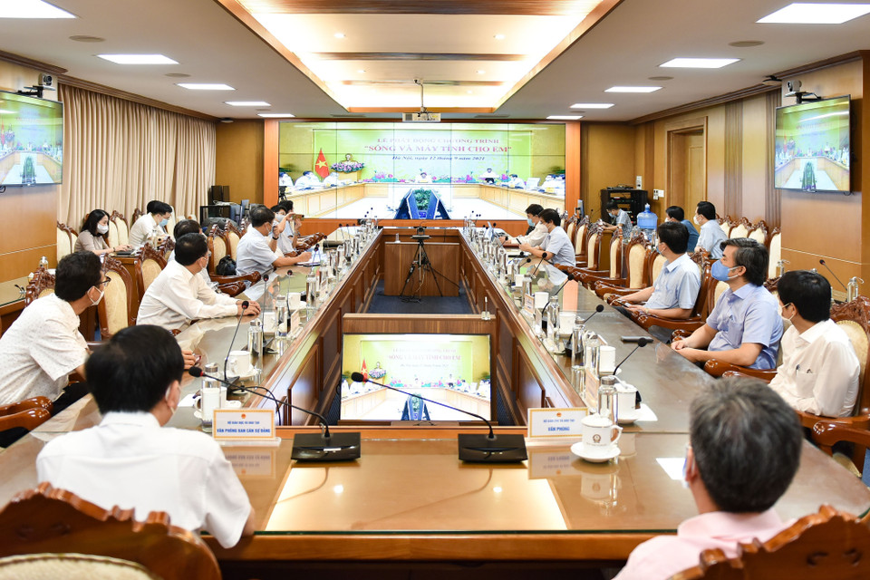 Điểm cầu Bộ Giáo dục và Đào tạo trong chương trình phát động. (Ảnh: Thanh Tùng/TTXVN)