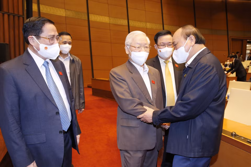 Tổng Bí thư Nguyễn Phú Trọng, Chủ tịch nước Nguyễn Xuân Phúc, Thủ tướng Phạm Minh Chính, Chủ tịch Quốc hội Vương Đình Huệ đến dự phiên họp. (Ảnh: Doãn Tấn/TTXVN)