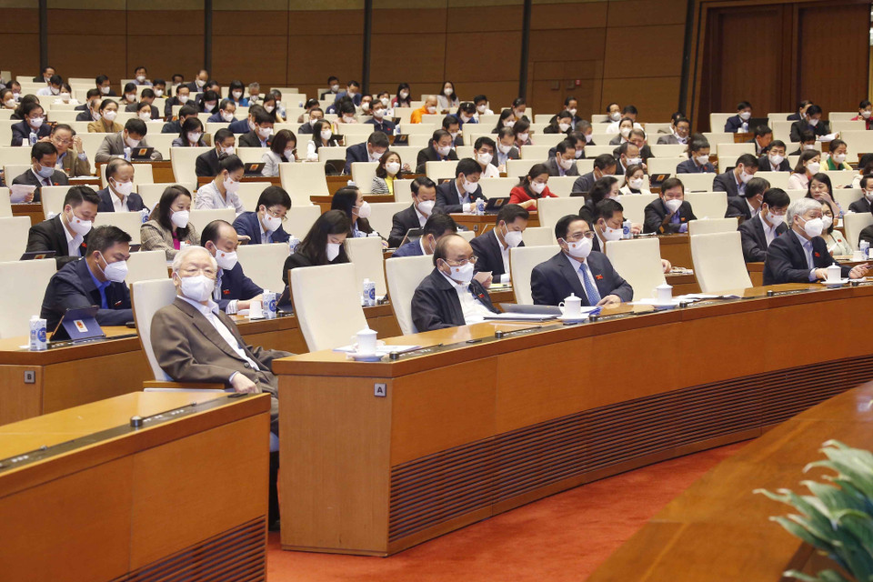 Tổng Bí thư Nguyễn Phú Trọng, Chủ tịch nước Nguyễn Xuân Phúc, Thủ tướng Phạm Minh Chính và các đại biểu dự phiên họp. (Ảnh: Doãn Tấn/TTXVN)