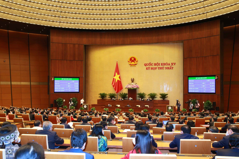 Quốc hội thông qua Nghị quyết kỳ họp thứ nhất, Quốc hội khóa XV. (Ảnh: Phương Hoa/TTXVN)