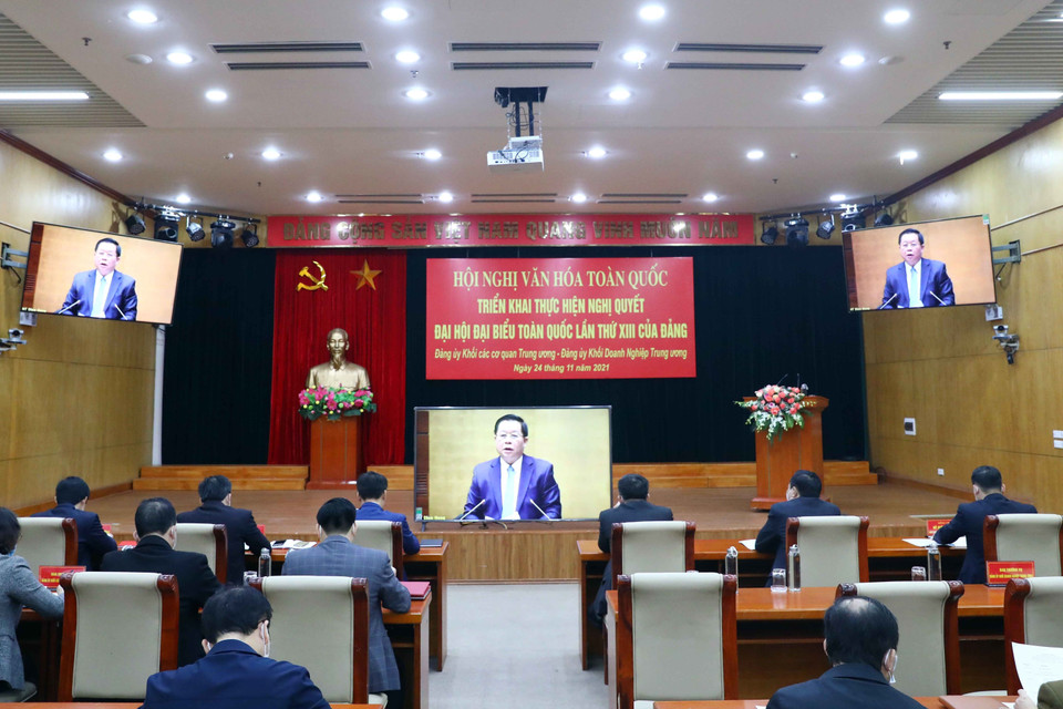 Các đại biểu tham dự Hội nghị Văn hóa toàn quốc tại điểm cầu Đảng ủy Khối các cơ quan Trung ương và Đảng ủy Khối Doanh nghiệp Trung ương. (Ảnh: Phạm Kiên/TTXVN)