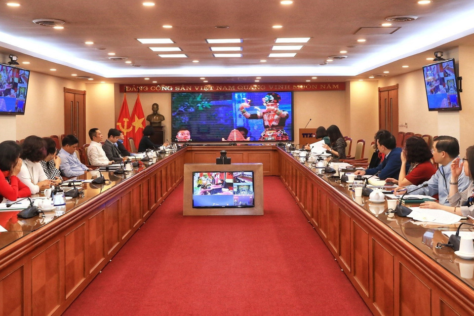 Ban lãnh đạo Thông tấn xã Việt Nam dự Hội nghị Văn hóa toàn quốc theo hình thức trực tuyến. (Ảnh: Tuấn Anh/TTXVN)