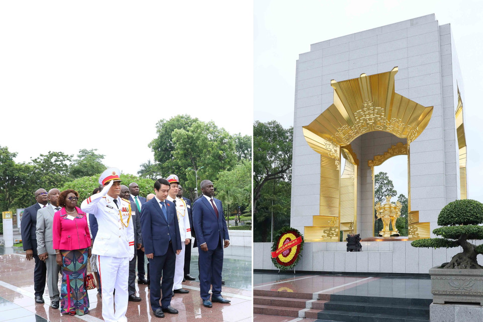 Chủ tịch Quốc hội Bờ Biển Ngà (Côte d'Ivoire) Adama Bictogo đến đặt vòng hoa tưởng niệm các Anh hùng liệt sỹ. (Ảnh: An Đăng/TTXVN)