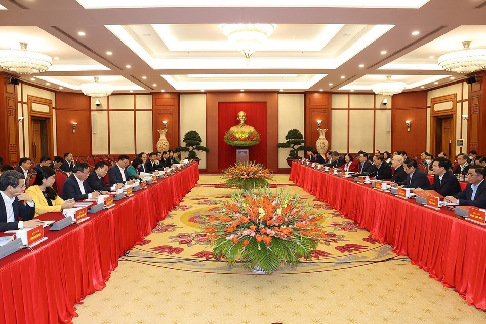 Tổng Bí thư Nguyễn Phú Trọng phát biểu kết luận buổi họp. (Ảnh: Trí Dũng/TTXVN)