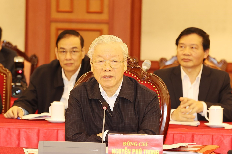 Tổng Bí thư Nguyễn Phú Trọng phát biểu kết luận buổi họp. (Ảnh: Trí Dũng/TTXVN)