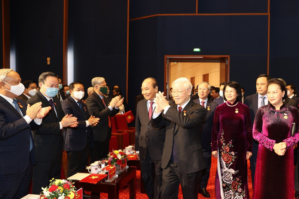 Tổng Bí thư, Chủ tịch nước Nguyễn Phú Trọng, Thủ tướng Nguyễn Xuân Phúc, Chủ tịch Quốc hội Nguyễn Thị Kim Ngân đến dự. (Ảnh: Trí Dũng/TTXVN)