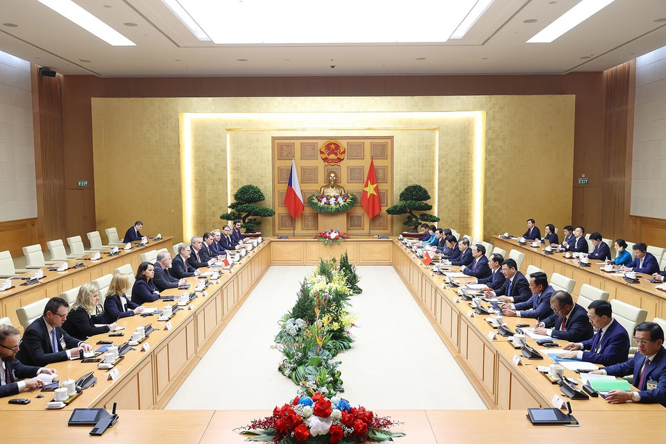 Sáng 21/4, tại Hà Nội, ngay sau lễ đón chính thức, Thủ tướng Phạm Minh Chính hội đàm với Thủ tướng nước Cộng hòa Séc Petr Fiala. (Ảnh: Dương Giang/TTXVN)