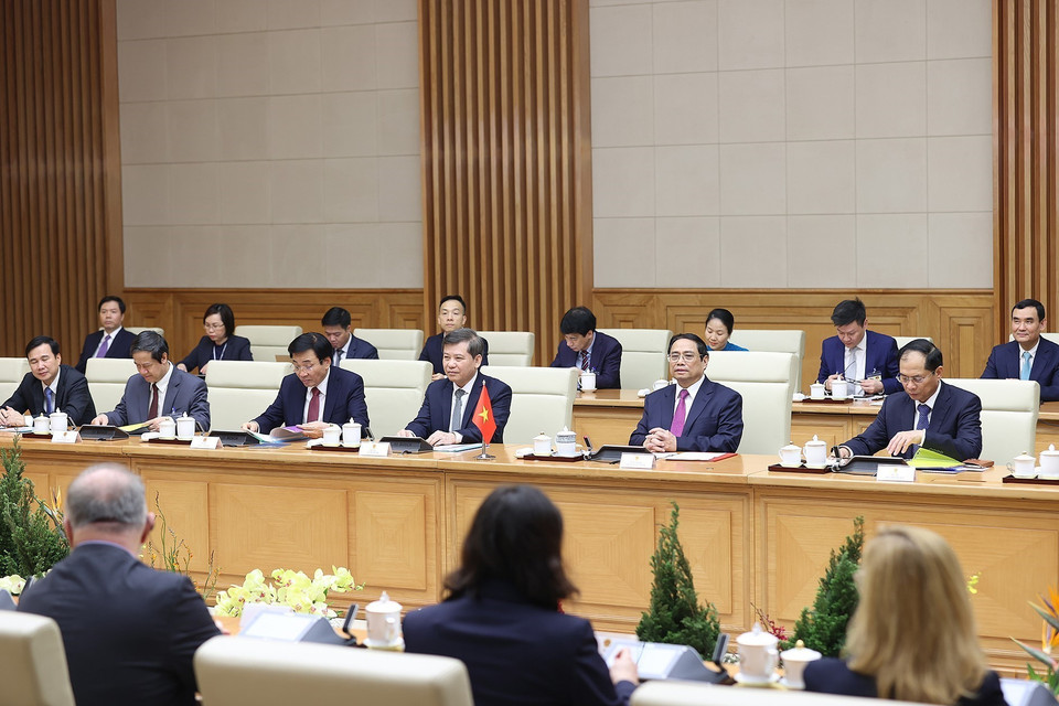 Thủ tướng Phạm Minh Chính phát biểu tại cuộc hội đàm với Thủ tướng nước Cộng hòa Séc Petr Fiala. (Ảnh: Dương Giang/TTXVN)