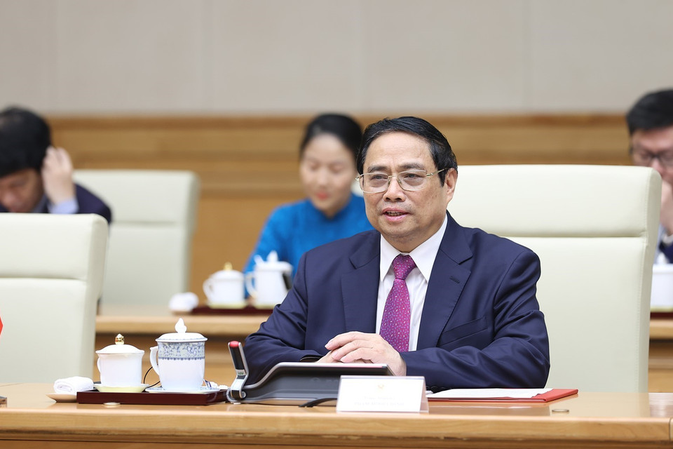 Thủ tướng Phạm Minh Chính phát biểu tại cuộc hội đàm với Thủ tướng nước Cộng hòa Séc Petr Fiala. (Ảnh: Dương Giang/TTXVN)