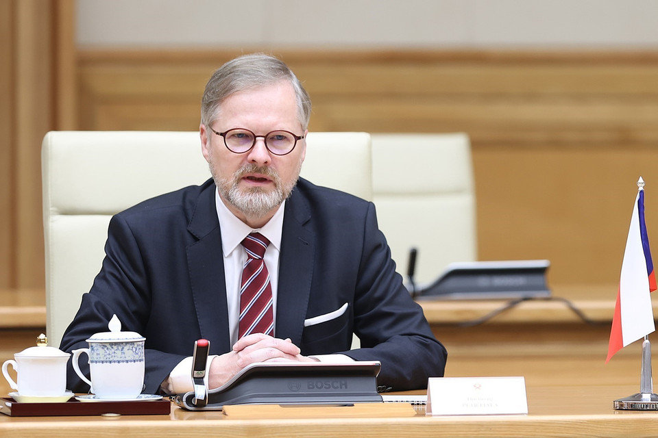 Thủ tướng Cộng hòa Séc Petr Fiala phát biểu tại cuộc hội đàm với Thủ tướng Phạm Minh Chính. (Ảnh: Dương Giang/TTXVN)