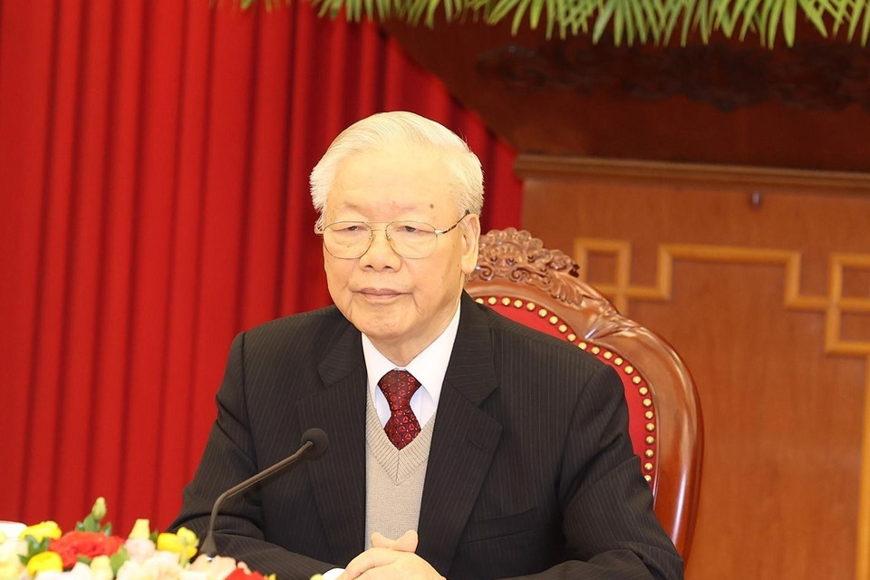 Tổng Bí thư Nguyễn Phú Trọng điện đàm cấp cao với Tổng thống Hoa Kỳ Joe Biden. (Ảnh: Trí Dũng/TTXVN)