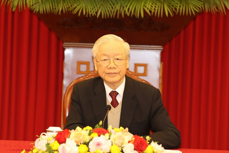 Tổng Bí thư Nguyễn Phú Trọng điện đàm cấp cao với Tổng thống Hoa Kỳ Joe Biden. (Ảnh: Trí Dũng/TTXVN)