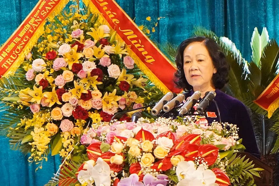 Bà Trương Thị Mai, Ủy viên Bộ Chính trị, Bí thư Trung ương Đảng, Trưởng Ban dân vận Trung ương phát biểu chỉ đạo tại Đại hội. (Ảnh Đại Nghĩa/TTXVN)